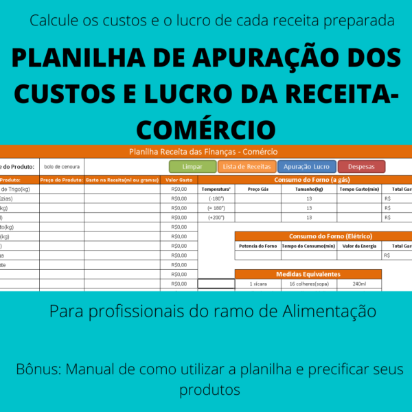 Planilha custo e lucro da receita