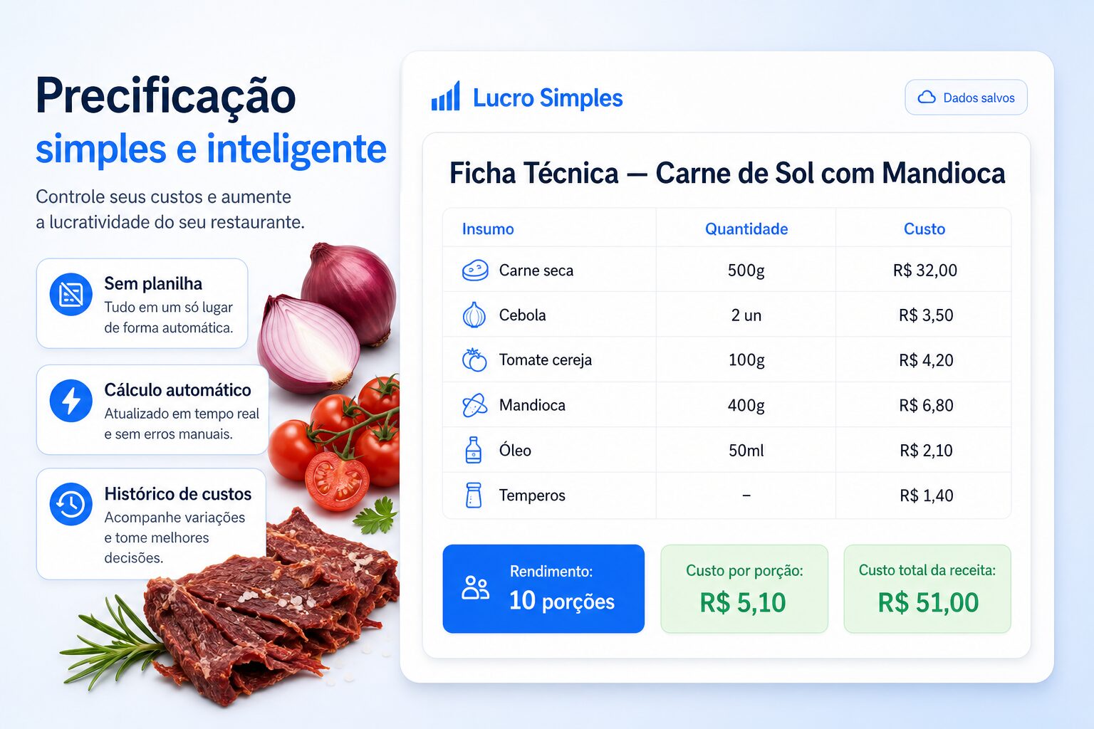 Ficha técnica digital do Lucro Simples — receita com insumos, rendimento e custo por porção calculado automaticamente