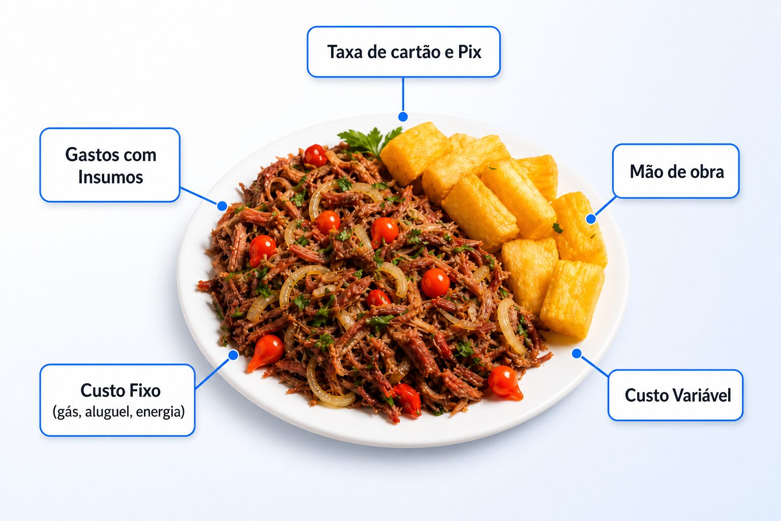 Prato de comida com os custos que o compõem: insumos, mão de obra, custo fixo, custo variável e taxa de cartão