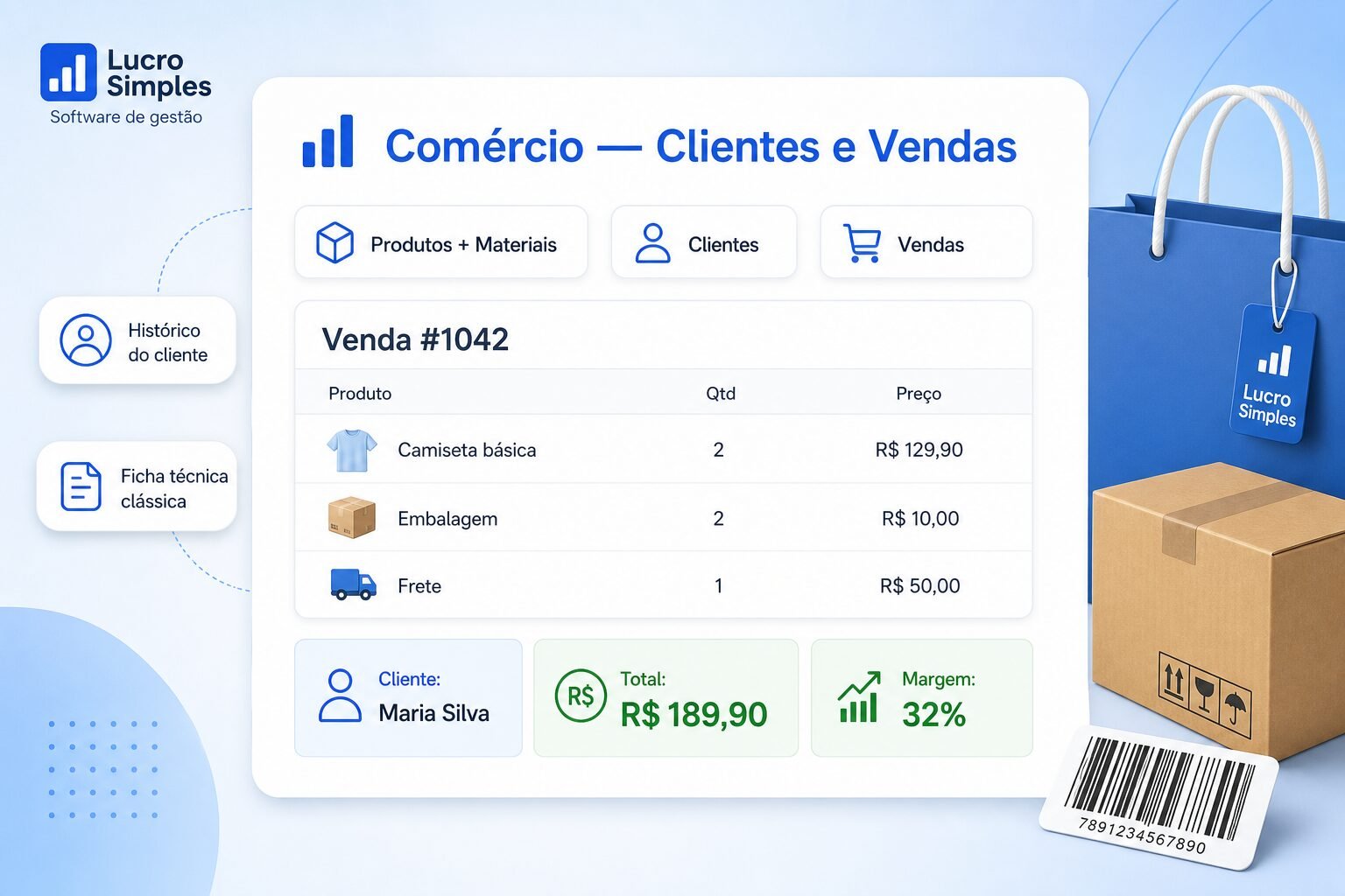 Módulo Comércio do Lucro Simples — produtos, materiais, clientes e vendas com margem
