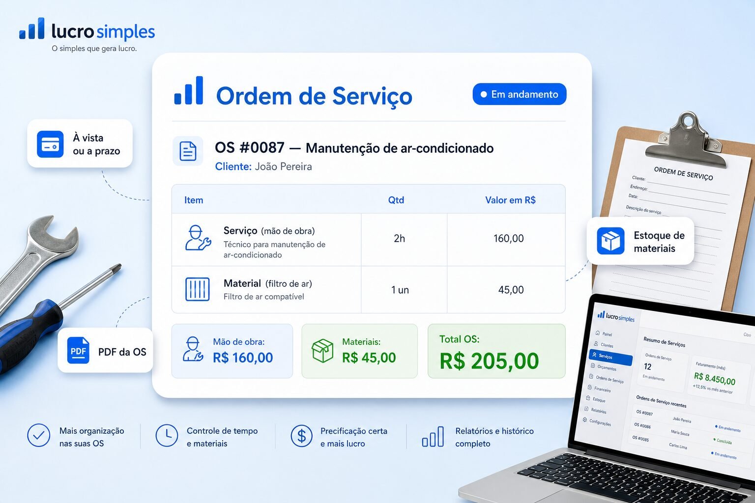 Ordem de Serviço no Lucro Simples — serviços, materiais, mão de obra e total da OS
